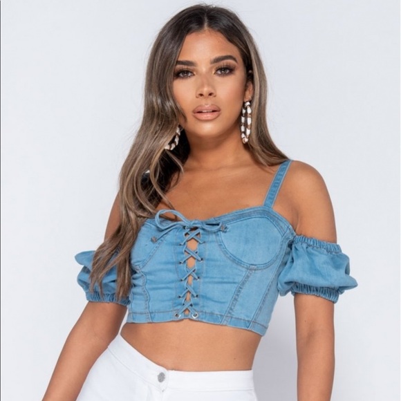 Parisian Denim Corset Cold Shoulder Bustier top - Picture 6 of 17